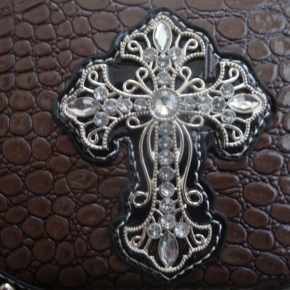 Brown Faux Croc / Snake Rhinestone Bling Cross Clutch Wallet Yesir New - Picture 4 of 6